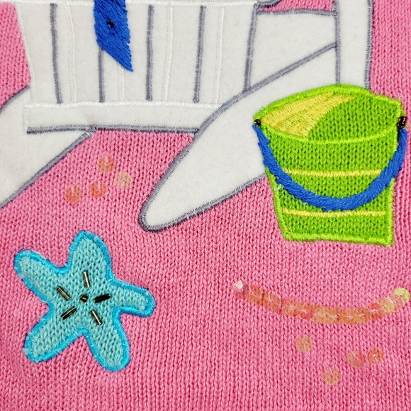 Quacker Factory Beach Summer Seashore Themed Pink Cardigan Sweater Medium - Picture 7 of 14